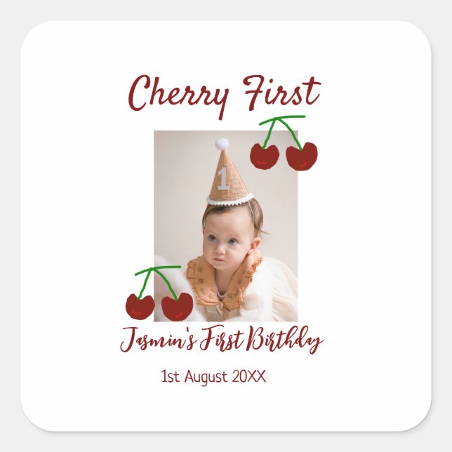 Cherry first happy birthday photo kids modern red square sticker (Front)