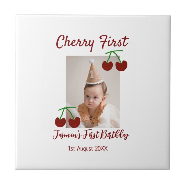 Cherry first happy birthday photo kids modern red tile (Front)