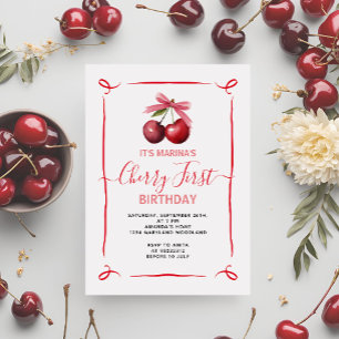 Cherry First Pink Bow Birthday Party Invitation