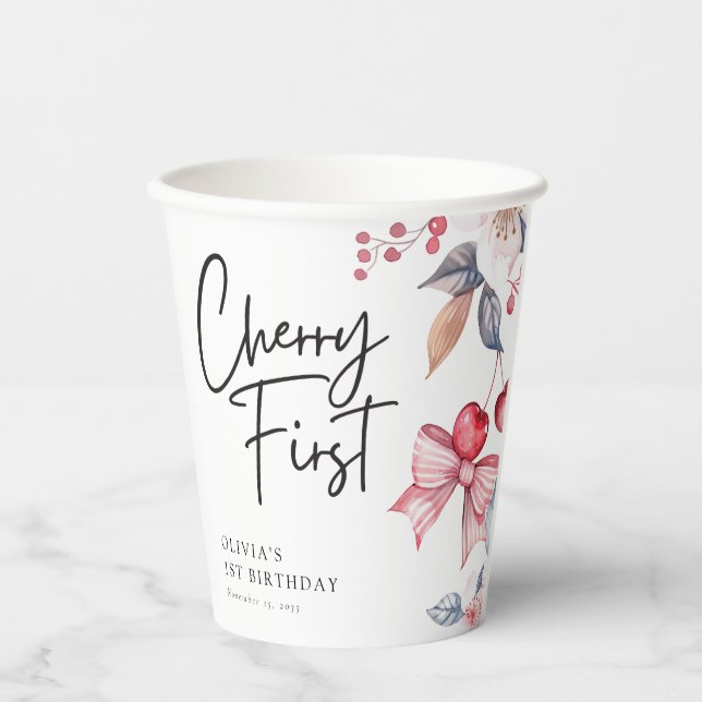 Cherry First Pink Bow Coquette 1st Birthday Paper Cups (Front)