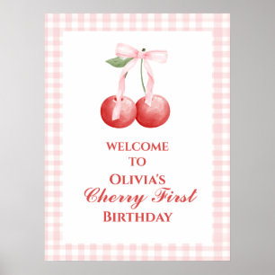 Cherry First Strawberry Pink Bow 1st birthday Poster