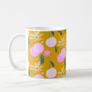 Cherry Floral Greenery Pattern Yellow Pink Coffee Mug