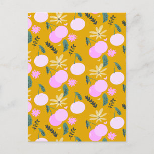 Cherry Floral Greenery Pattern Yellow Pink   Postcard