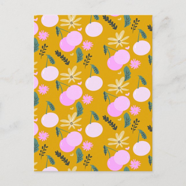 Cherry Floral Greenery Pattern Yellow Pink   Postcard (Front)