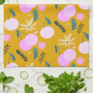 Cherry Floral Greenery Pattern Yellow Pink  Tea Towel