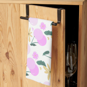 Cherry Floral Greenery Yellow Pink Hearts Patter Tea Towel