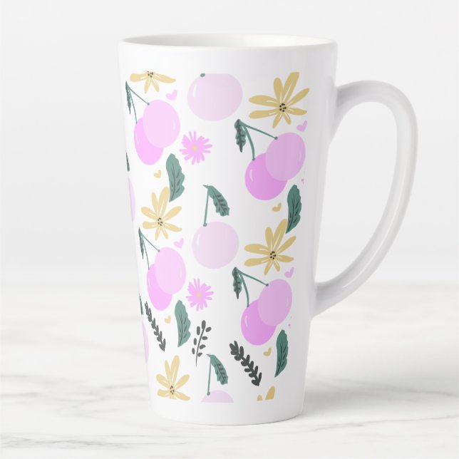 Cherry Floral Greenery Yellow Pink Hearts Pattern  Latte Mug (Right)