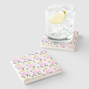 Cherry Floral Greenery Yellow Pink Hearts Pattern Stone Coaster