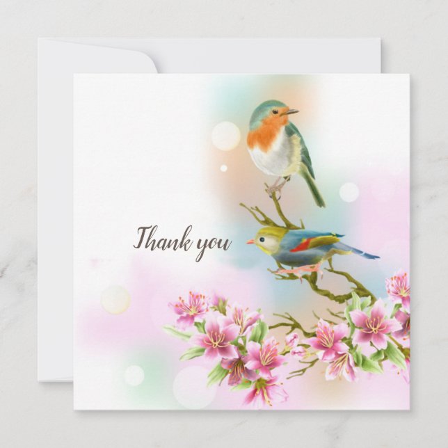 Cherry flowers and birds thank you card (Front)