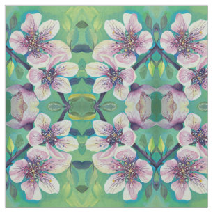 Cherry Flowers Blossom Handpainted Watercolor Fabric