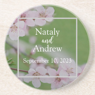 Cherry flowers on green background Floral Wedding Coaster