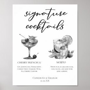 Cherry French 75 Mojito Black White Cocktails Poster