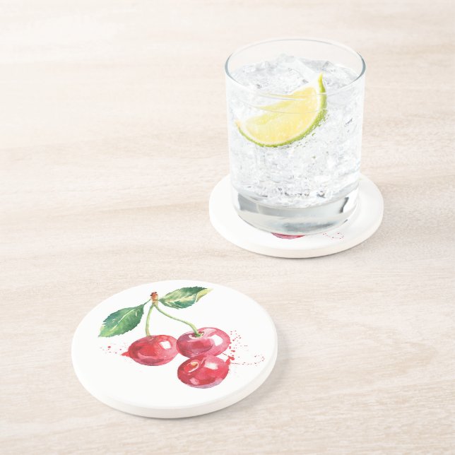 Cherry Fruit Cherries Watercolor Kitchen Sandstone Coaster (Side)