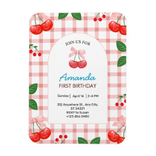Cherry Fruit First 1st Birthday Girl Invitation   Magnet