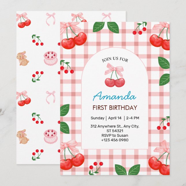 Cherry Fruit First 1st Birthday Party Invitation   (Front/Back)