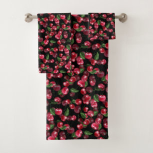 Cherry Fruit on black  Bath Towel Set