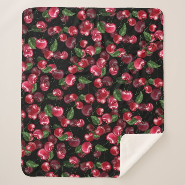 Cherry Fruit on black  Sherpa Blanket (Front)