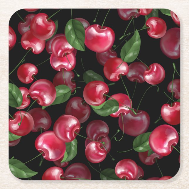 Cherry Fruit on black Square Paper Coaster (Front)