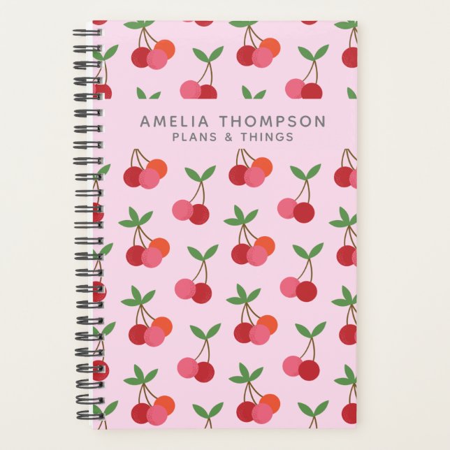 Cherry Fruit Pattern | Cute Pink Red Cherries Name Planner (Front)