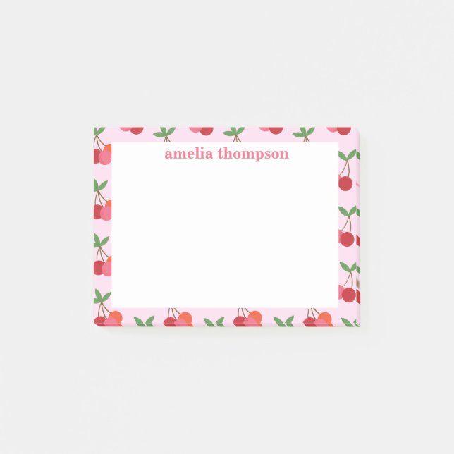 Cherry Fruit Pattern in Pink and Red Personalised Post-it Notes (Front)