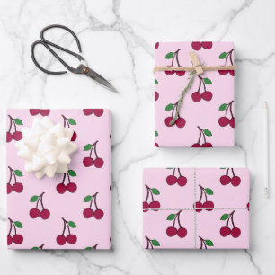 Cherry Fruit Pattern in Pink and Red Wrapping Paper Sheet