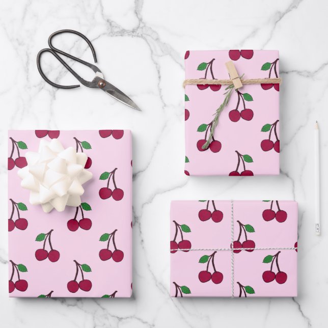 Cherry Fruit Pattern in Pink and Red Wrapping Paper Sheet (Front)