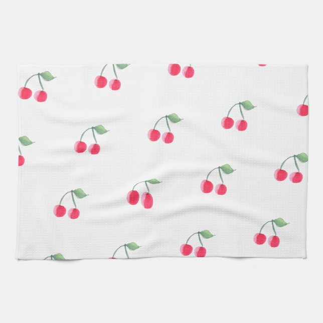 Cherry Fruit Pattern Modern Lovely Cute Pink Tea Towel (Horizontal)