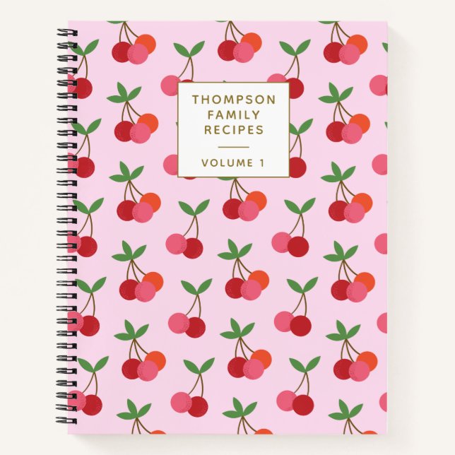 Cherry Fruit Pattern Red Pink Personalised Recipes Notebook (Front)