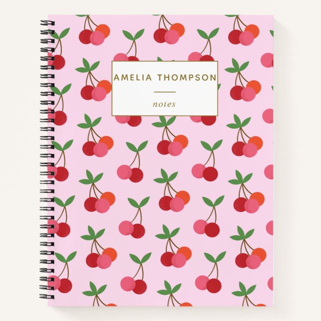 Cherry Fruit Pattern Retro Red Pink Personalised Notebook (Front)