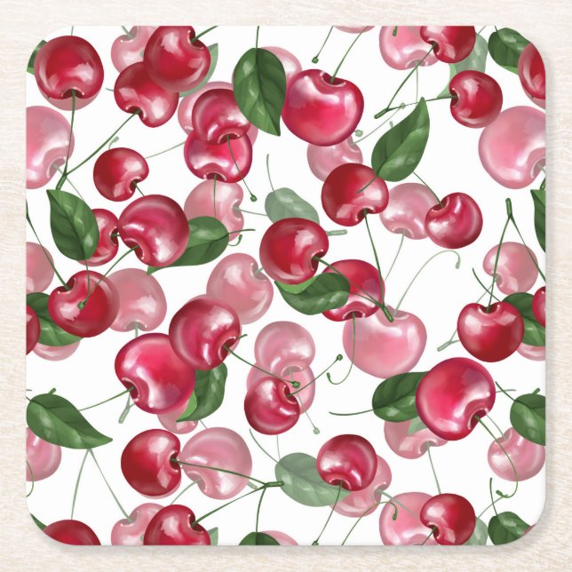 Cherry Fruit pattern Square Paper Coaster (Front)