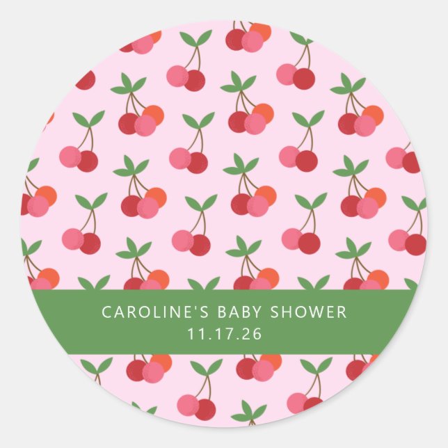 Cherry Fruit Pink Green Cute Custom Baby Shower Classic Round Sticker (Front)