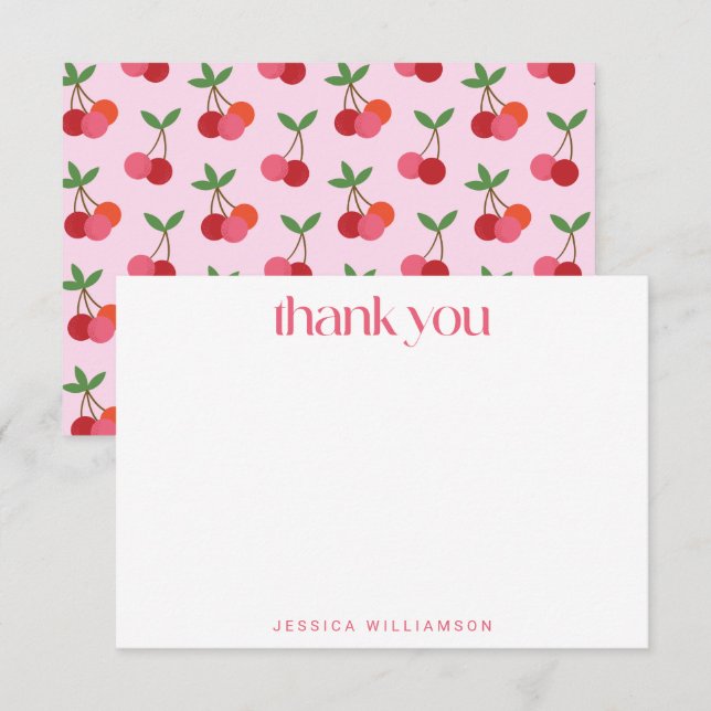 Cherry Fruit Red Pink Green Cute Custom Shower Thank You Card (Front/Back)