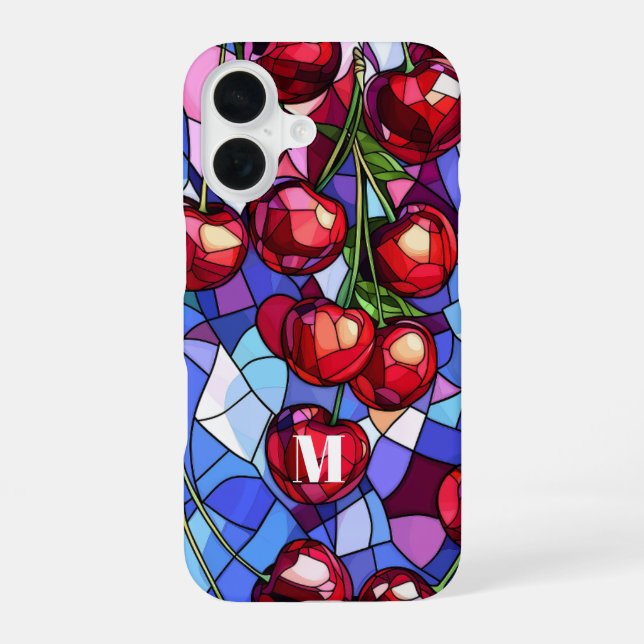 Cherry Fruit Stained Glass Monogram iPhone 16 Case (Back)