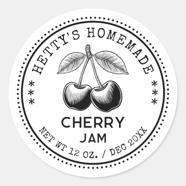 Cherry jam canning sticker in black and white (Front)