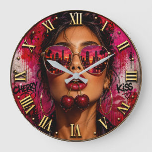 Cherry Kiss Glam Woman Portrait with Cherries Large Clock