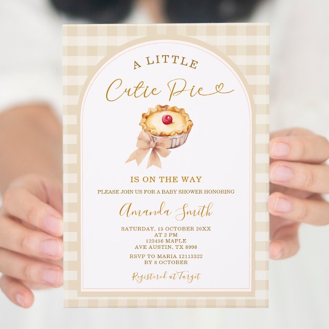 Cherry Little Cutie Pie Pastel Gingham Baby Shower Invitation (Creator Uploaded)