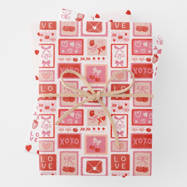 Cherry Love Letters Valentines Hearts Bows Wrapping Paper Sheet (In situ)