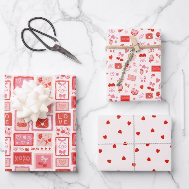 Cherry Love Letters Valentines Hearts Bows Wrapping Paper Sheet (Front)