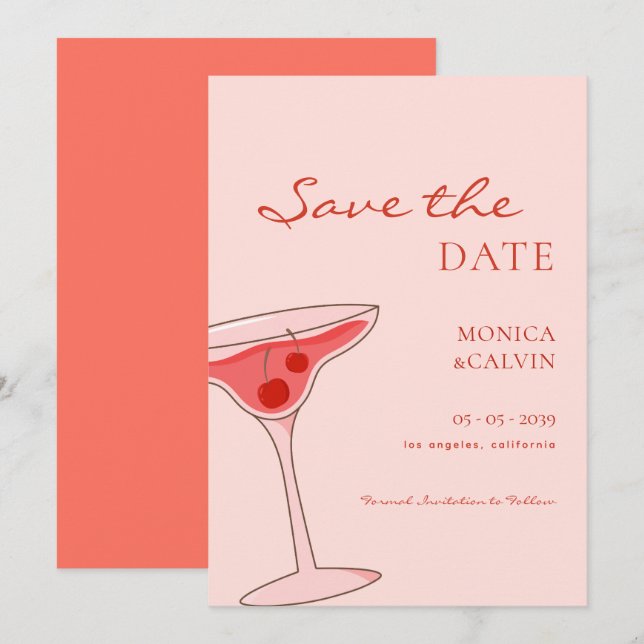 Cherry Martini Pink & Red Wedding Save The Date (Front/Back)