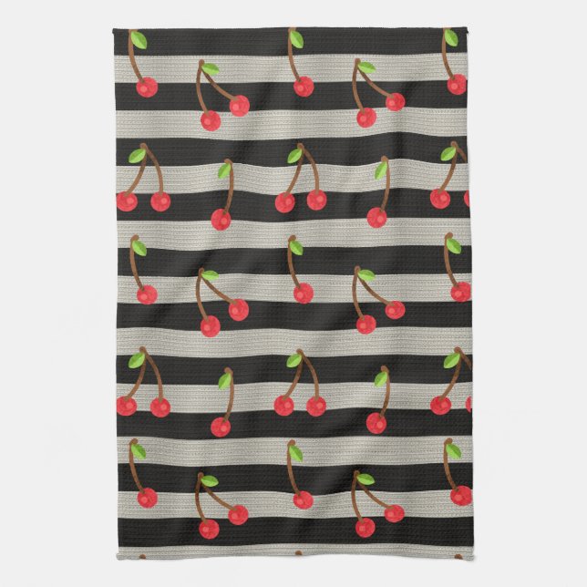 Cherry Modern Black & White Stripes Tea Towel (Vertical)