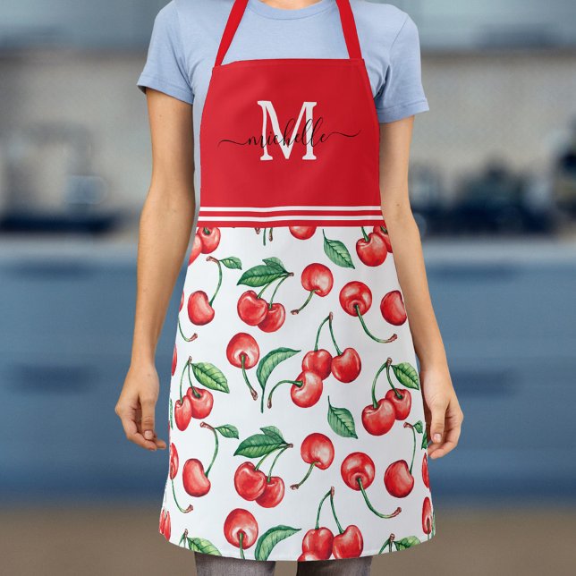 Cherry Monogram Botanical Red Apron (Creator Uploaded)