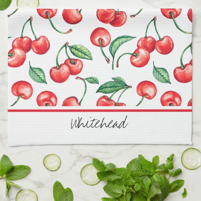 Cherry Monogram Watercolor Tea Towel (Folded)