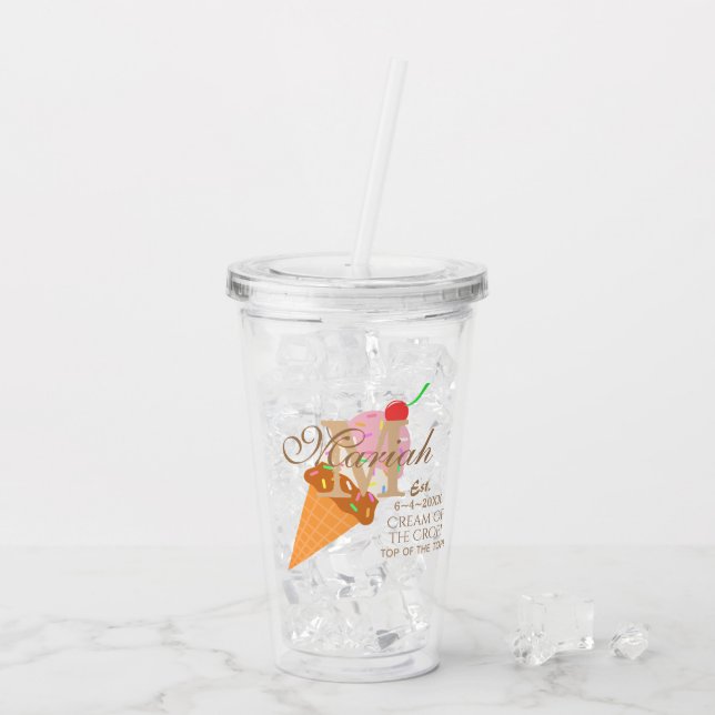 Cherry Neapolitan Ice Cream Monogram Custom Text Acrylic Tumbler (Back Ice)