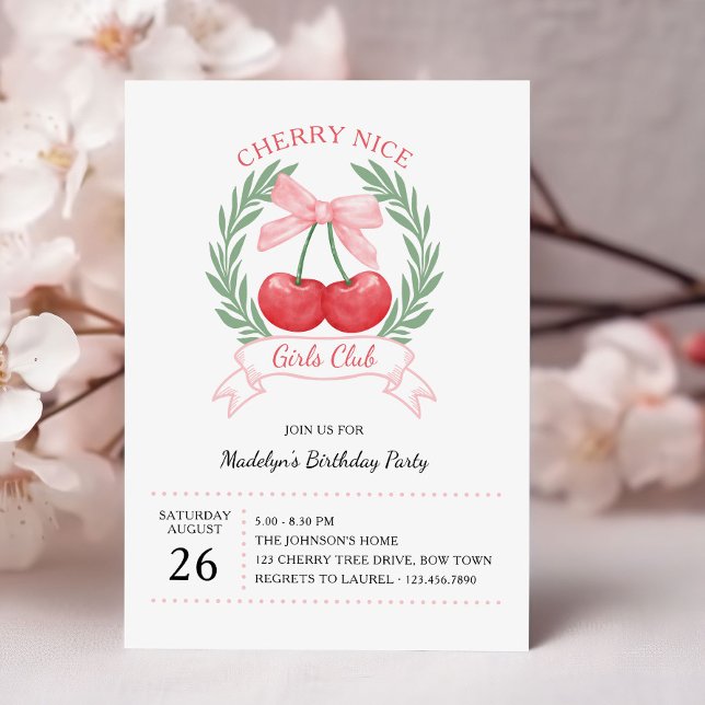 Cherry Nice Girls Club Pink Bow Birthday Invitation (Cherry Nice Girls birthday party invitation with cherries and pink bow by Darling & May)