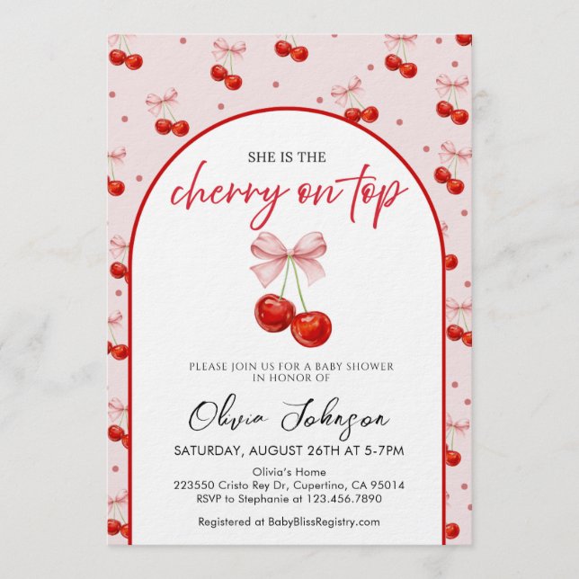 Cherry on Top Baby Shower, Cherry with Pink Bow Invitation (Front)