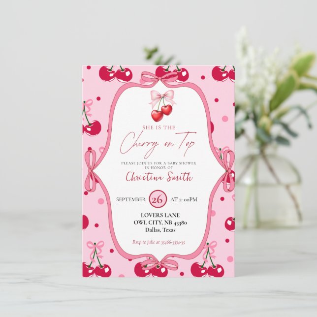 Cherry On Top Baby Shower Pink Blossom Ribbon Invitation (Standing Front)