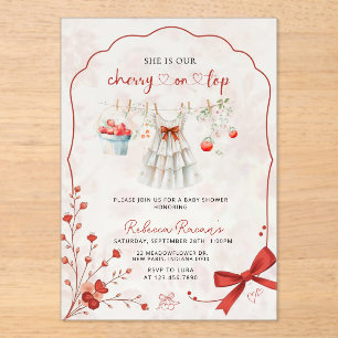 Cherry on Top Baby Shower Pink Bow & Watercolor Acrylic Invitations