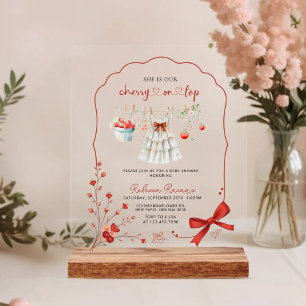 Cherry on Top Baby Shower Pink Bow & Watercolor Acrylic Invitations
