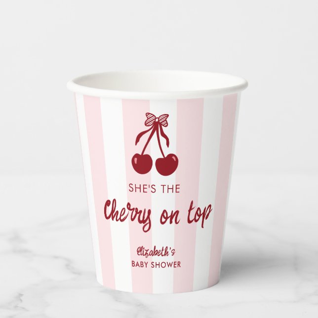 Cherry on Top Baby Shower Pink Stripes Coquette Paper Cups (Front)