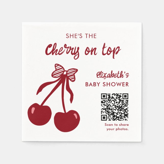 Cherry on Top Baby Shower QR Code Photo Sharing Napkin (Front)